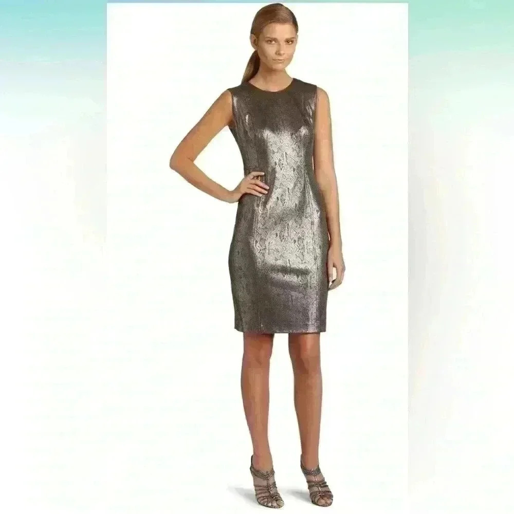 Calvin Klein Metallic Foil Snake Print Sheath Dress Women’s Size 6 Gray Silver - Picture 1 of 11